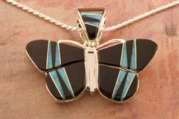 Calvin Begay Acoma Jet Sterling Silver Butterfly Pendant